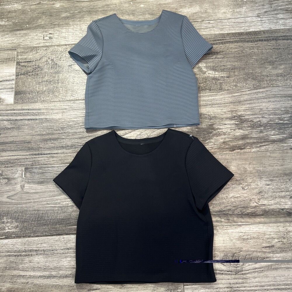Lot of 2 LULULEMON Shaped Short Sleeve Top Thick Scuba Boxy Tee Gray & Black #18